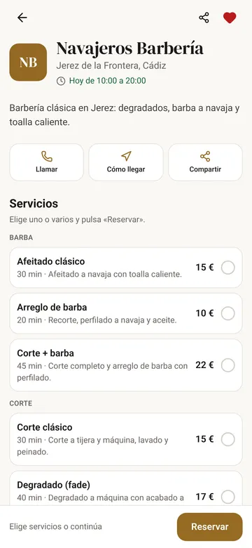 Ficha de un salón en la app Tonsarte con sus servicios y precios