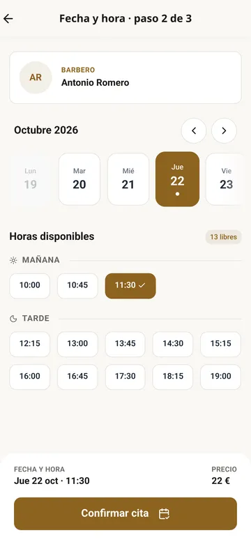 Selección de fecha y hora con los huecos disponibles
