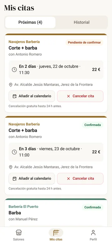 Pantalla Mis citas con las próximas citas