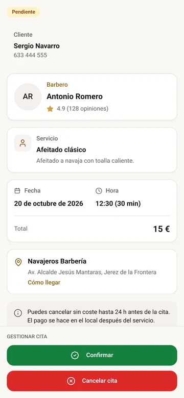 Gestión de una cita: confirmar, completar o cancelar